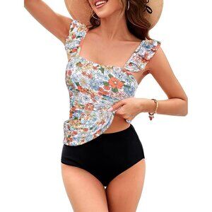 Kate Kasin 2025 Two-Piece Tankini Swimsuit, High-Waisted, Floral, Tummy Control
